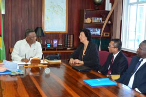 Prime Minister Samuel Hinds and Dr. Jennifer Geerlings-Simons during the courtesy call at the PM’s office yesterday.