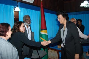 Surinamese Speaker Dr. Geerlings-Simon meets Head of the Presidential Secretariat, Dr. Roger Luncheon; Minister of Foreign Affairs, Carolyn Rodrigues-Birkett; and Government Chief Whip, Gail Teixeira at OP yesterday.
