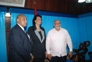 From left, Speaker of the National Assembly Raphael Trotman, Speaker of the Suriname Parliament Dr. Jennifer Geerlings-Simons and President Donald Ramotar yesterday. (Cullen Bess-Nelson photo)