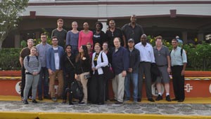 Members of the visiting George Washington University Hospital medical team on arrival at the Cheddi Jagan International Airport. Third from right, on lower level, is Guyana-born urologist Dr. Joseph Benjamin, who has returned here for the first time since migrating to the US as a boy.