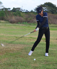 Defending and seven times female champion of the Guyana Open Golf Championships Christine Sukhram is about to make her first tee, during yesterday’s action. (Photo by Adrian Narine)