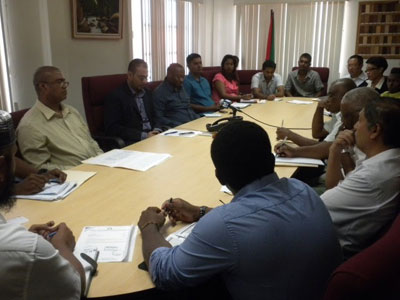 Minister Robert Persaud and Acting Commissioner of Guyana Geology and Mines Commission Rickford Vieira at the meeting with quarry operators yesterday