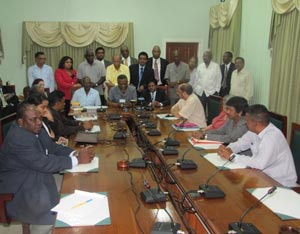 The Government side of the House at a press conference following the Opposition’s voting down of the Hydro- electric power (Amendment) Bill and the debt ceiling motion in July