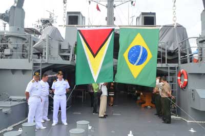 FORGING CLOSER TIES: Crew members of ‘The Bocaina’, one of two visiting vessesls of the Brazilian Navy, position themselves to accord visitors to the vessel a warm Brazilian welcome
