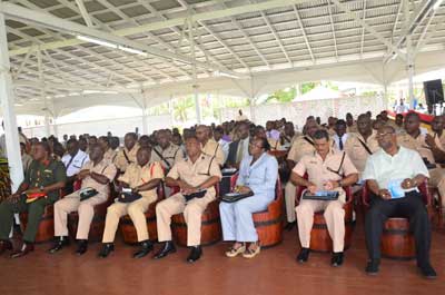 Retired Commissioner of Police, Leroy Brumell, extreme right, sits among heads of the Disciplined Services while various divisional commanders occupy the second row. Also seated in front row (third left) is Permanent Secretary in the Home Affairs Ministry, Angela Johnson (Photos by Adrian Narine)