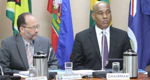 From left, CARICOM Secretary-General, Ambassador Irwin LaRocque and COHSOD Chair, Montserrat’s Minister of Health and Social Development, Colin Riley (Photos by Sonell Nelson)