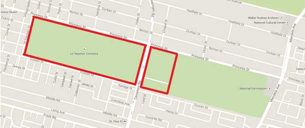 Google map depiction of Le Repentir Cementery restoration zone outlined by red border