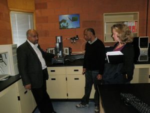 ‘Touring Trent University’: From left, Guyanese-born Canadian Dr. Suresh Narine, Minister Leslie Ramsammy, and Ontario Ministry Representative Ms. McCarthy 