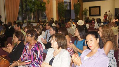 The gathering at the meeting with President Donald Ramotar in Los Angeles, California. First Lady Deolatchmee Ramotar is in front row