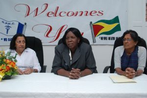 Members of the head table yesterday, from left; Vice- President of the CNCF Mrs. Pamela Harakh; Director of Nursing Services Audrey Corry and  Trainer Vernie Ali  