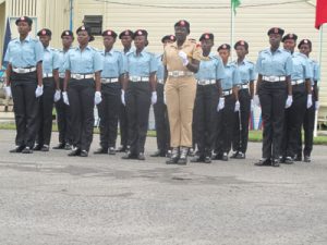 Women from the Force’s headquarters prepare to perform another formation in the drill 