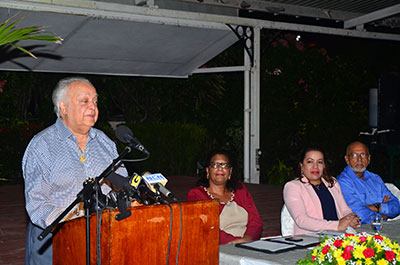 ‘MAN OF THE MOMENT!’ Sir Shridath Ramphal giving his remarks last evening at the launching of his book