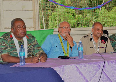 President Donald Ramotar, Police Commissioner (ag), Seelall Persaud and Chief-of-Staff of the Guyana Defence Force, Brigadier, Mark Phillips at the meeting with Kaikan residents