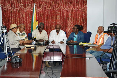 Ministers Robeson Benn, Norman Whittaker and Juan Edghill, along with Town Clerk (ag), Carol Sooba and City Engineer, Colvern Venture, and Ministry of Works Chief Engineer, Walter Willis, during a press conference yesterday