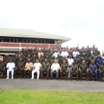 OFFICIAL PHOTO: Commander-in-Chief, Donald Ramotar and Army Chief of Staff, Brigadier Mark Phillips with the top brass of the Army, yesterday. 