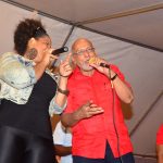 President Donald Ramotar joins in on a rendition of Bob Marley’s ‘One Love’, a traditional feature at PPP/C events