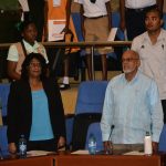 President Donald Ramotar, Prime Ministerial Candidate Elisabeth Harper and Head of the Guyana Forestry Commission James Singh during the ceremony to commemorate International Day of Forests and the Tree yesterday 