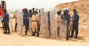 Members of the GPF preparing for a crowd dispersal exercise (GDF photo)
