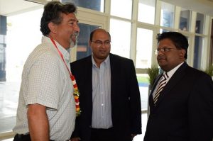  Marriott Hotel’s first guest, REPSOL’s Country Manager Giancarlo Ariza meets Head of Atlantic Hotel Incorporated, Winston Brassington and Guyana’s Finance Minister Dr. Ashni Singh 