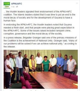 One of the posts on the APNU+AFC Facebook page which states: “…the Muslim leaders signalled their endorsement of the APNU+AFC coalition 