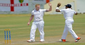 England’s Ben Stokes (left) and Chris Jordan celebrates taking another wicket against St. Kitts Invitational XI on the opening day of their two day game yesterday. (Photo credit: © WICB Media/Randy Brooks of Brooks LaTouche Photography)