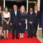 In photo, from left, are Ms Lisa Ramotar, First Lady Deolatchmee Ramotar, President Donald Ramotar, Ms Brenda Durham – Senior VP for Marriott International, Finance Minister Dr Ashni Singh, Mr Roberto Grissi - General Manager of the Guyana Marriott Hotel, and Mr Winston Brassington – Chairman of NICIL and Atlantic Hotels Inc. at last Thursday’s gala reception at the newly opened Marriott Hotel in Kingston, Georgetown