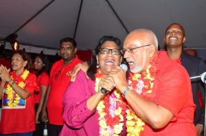 The PPP/C leadership team serenades ther supporters with Bob Marley’s ‘One Love’ (Photos by Adrian Narine)  