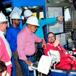 President Donald Ramotar and Minister Robert Persaud listen keenly as a worker on board the ExxonMobil’s Deepwater Champion explains his aspect of work