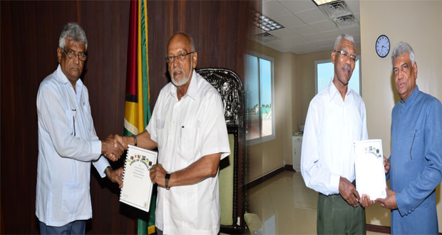 Presidential candidates of the major political parties, incumbent Head of State, Donald Ramotar and APNU+AFC leader, Brigadier [rtd) David Granger, affix their signatures to the Code of Conduct that will guide campaigning in the election 2015