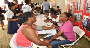 A woman having her blood pressure tested yesterday at one of the many booths set up to promote healthier lifestyles.