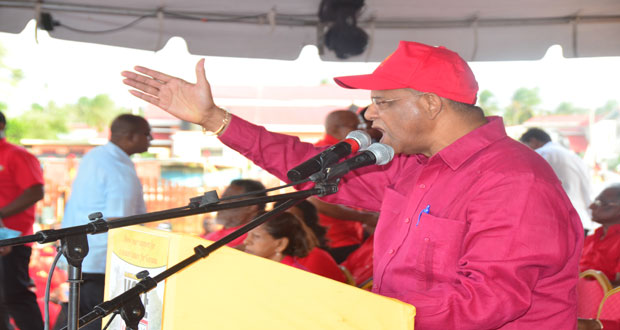PPP General Secretary, Clement Rohee addressing thousands yesterday at Bath Settlement