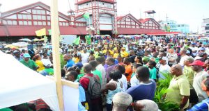A section of the crowd at yesterday’s APNU+AFC manifesto launch at the Stabroek Market Square (Photos by Samuel Maughn)