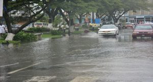 A car navigating its way on Main Street in Georgetown.