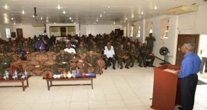 President David Granger addresses officers participating in the Standard Officers’ Course  #48 at the Colonel Ulric Pilgrim Officer Cadet School, Base Camp Stephenson, Timehri 