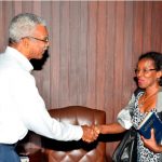 President David Granger with Venezuela’s Ambassador to Guyana, Her Excellency Reina Margarita Arratia Diaz, at the Office of the President yesterday 