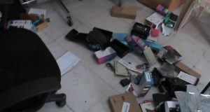 Scattered electronics equipment on the floor of the store at Anna Regina, Essequibo Coast 