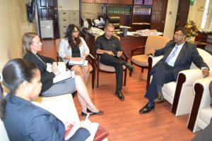 Second Vice President and Minister of Public Security, Khemraj Ramjattan in discussion with Canadian High Commissioner to Guyana, Dr. Nicole Giles, along with her team during a courtesy call at the Ministry of Public Security, Brickdam, Georgetown