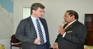 His Excellency Greg Quinn, British High Commissioner to Guyana, and Prime Minister Moses Nagamootoo in discussion at the Ministry of the Presidency