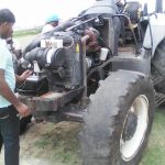 One of the tractors which was being offloaded from the container when the bandits struck 