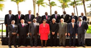 CARICOM Heads at the CARICOM Heads of Government meeting in Barbados. Fourth right is Guyana’s President David Granger (Photo courtesy of the Ministry of the Presidency)