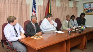  From left, U.S. Embassy’s Political and Economic Officer, James Burkjman; U.S. Embassy’s Coordinator of International Narcotics and Law Enforcement Affairs, Leon Carr; U.S. Charge d’Affaires, Bryan Hunt; Vice-President and Foreign Affairs Minister, Carl Greenidge; Permanent Secretary of the Public Security Ministry, Angela Johnson; and Foreign Affairs Ministry’s Foreign Service Officer 3, Esther Cuttings