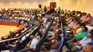 A section of the packed-to-capacity Authur Chung Conference Centre at the Ministry of Agriculture's National Rice Industry Conference (Samuel Maughn photos)