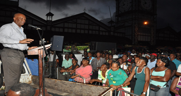 APNU General Secretary and Minister of State, Joseph Harmon, during the delivery of his speech at the Stabroek Market Square, last evening