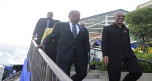 Strolling through the newly opened campus are UWI Chancellor, Sir George Alleyne; and President David Granger (Photo courtesy of UWI St Augustine)