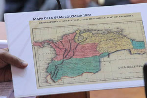  An 1822 map of the former State of Gran Colombia, now Colombia, Venezuela, Ecuador, Panama, northern Peru, northwest Brazil, and western Guyana [Photos courtesy of VTV Channel 8)