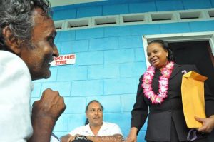 Minister Volda Lawrence chatting with a resident of the Hugo Chavez Centre of Rehabilitation and Reintegration 