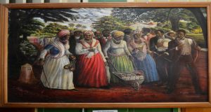 One of the many pieces depicting the African Village Movement in Guyana post-Emancipation  