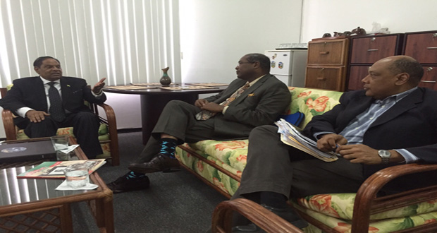From left are Prime Minister Moses Nagamootoo; Attorney-at-Law Nigel Hughes; and Minister of Governance, Raphael Trotman, in discussion