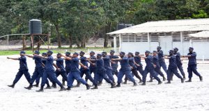  Male and female reservists put on  a drill display for the Chief  of Staff  and other senior GDF officers