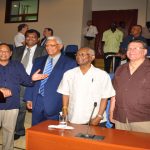 From left, Prime Minister Moses Nagamootoo; Minister of Public Security, Khemraj Ramjattan; Minister Holder; GuySuCo Chairman Dr. Clive Thomas, and Mr. Anthony Vieira